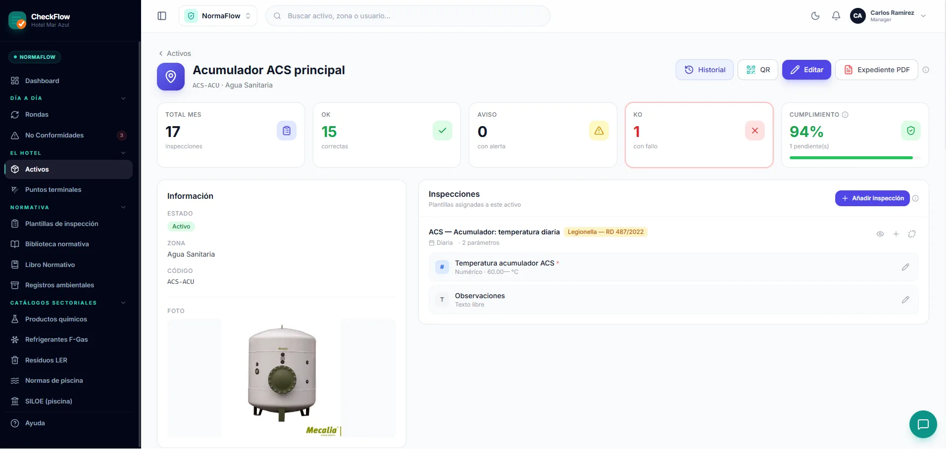 Ficha de activo · inspecciones e historial normativo