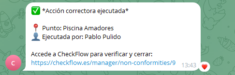 Notificación de CheckFlow en Telegram: acción correctora ejecutada en Piscina Amadores por Pablo Pulido